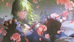  1boy 1girl black_gloves blue_eyes byleth_(female)_(fire_emblem) byleth_(fire_emblem) enlightened_byleth_(female) fingerless_gloves fire_emblem fire_emblem:_three_houses flower gloves green_eyes green_hair highres holding_hands kkia long_hair medium_hair neck_tassel night petals pine_tree pink_flower pov sky smile solo_focus star_(sky) starry_sky string string_of_fate tassel tree upper_body 