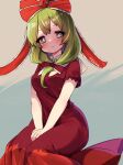  1girl absurdres artist_name bow dress frilled_bow frilled_ribbon frills front_ponytail green_eyes green_hair hair_bow hair_ribbon highres kagiyama_hina puffy_short_sleeves puffy_sleeves red_bow red_dress red_ribbon ribbon short_sleeves sitting smile solo tekina_(chmr) touhou 