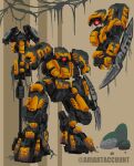  ariartaccount bionicle brown_background highres holding holding_staff keetongu_(bionicle) mecha mecha_focus mechanization moss multiple_views no_humans one-eyed plant red_eyes robot rock staff the_lego_group twitter_username vines 