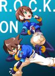  1boy 1girl aile_(mega_man_zx) ass biometal black_background black_bodysuit blue_background blue_jacket bodysuit bodysuit_under_clothes brown_hair clenched_hand demi_(pixiv22036971) english_text from_behind gradient_background green_eyes holding jacket looking_at_viewer looking_back mega_man_(series) mega_man_zx model_x_(mega_man) model_zx_(mega_man) pants posing short_hair shorts spiked_hair vent_(mega_man) white_pants white_shorts 