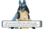 2024 ambiguous_gender anthro bassenji blue_body blue_ears blue_fur chest_spike dialogue english_text fur gameplay_mechanics generation_4_pokemon grin half-length_portrait hi_res lucario nintendo pokemon pokemon_(species) portrait red_eyes smile solo spikes spikes_(anatomy) tan_body tan_fur text