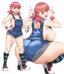  1girl areola_slip ass bottle breasts jirusu large_breasts low_twintails milk_bottle multiple_views naked_overalls no_bra open_mouth overalls pink_eyes pink_hair pokemon sideboob simple_background smile socks solo squatting striped_clothes striped_socks twintails white_background whitney_(pokemon) wristband 