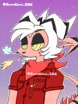 anthro clothing food hair helluva_boss hi_res horn imp lewdchuu_(artist) male pink_body pizza red_clothing scarf shirt solo spade_tail striker_(helluva_boss) tail topwear white_hair yellow_eyes