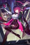  1girl artist_name black_jacket breasts broken_glass collared_shirt eyewear_on_head glass gloves hair_between_eyes highres honkai:_star_rail honkai_(series) jacket kafka_(honkai:_star_rail) libero_art long_hair long_sleeves looking_at_viewer pantyhose purple_eyes purple_gloves purple_hair round_eyewear sample_watermark shirt shorts smile solo sunglasses swinging torn_clothes torn_pantyhose watermark white_shirt 