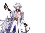  black_gloves coat fate/grand_order fate_(series) gloves hat head_tilt horse_head long_hair merlin_(fate) necktie one_eye_closed simple_background smile top_hat transparent_background very_long_hair vest walking_stick white_hair yellow_eyes 