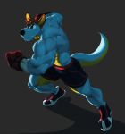  animal_crossing anthro anthrofied back_muscles biceps blue_body blue_fur bottomwear boxer_(disambiguation) boxing_gloves brown_hair clothing fur hair handwear hi_res kangaroo macropod male mammal marsupial muscular muscular_male nintendo rollingstoneeeeee rooney_(animal_crossing) shorts solo video_games 