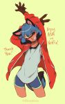  2020 anthro black_body black_fur black_hair black_nose blue_body blue_eyes blue_fur blue_hair brand_new_animal brown_body brown_fur canid canine clothed clothing conditional_dnp english_text female fluffy fluffy_tail fur gesture hair hi_res irootie jacket mammal michiru_kagemori multicolored_body multicolored_fur multicolored_hair one_eye_closed raccoon_dog smile solo stretching studio_trigger tanuki text topwear v_sign wink 