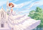  1girl blue_sky bouquet bridal_veil brown_eyes brown_hair cloud commentary_request day dress flower full_body looking_at_viewer misaka_mikoto open_toe_shoes outdoors parted_lips raika9 rose short_hair sky smile solo to_aru_kagaku_no_railgun to_aru_majutsu_no_index tree veil wedding white_dress white_flower white_footwear white_rose 