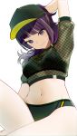  1girl arm_behind_back arm_up bangs baseball_cap bikini black_bikini black_headwear blush closed_mouth commentary_request crop_top diagonal_bangs harukana_(harukana_10) hat highres idolmaster idolmaster_shiny_colors knee_up long_hair looking_at_viewer navel plaid ponytail purple_eyes purple_hair revision see-through short_sleeves sitting smile solo stomach swimsuit tanaka_mamimi thighs 