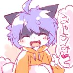  1girl :3 ahoge animal_ears black_fur blush cat cat_ears cat_girl closed_eyes commentary_request eyebrows_visible_through_hair fangs furry heart mao_(mizuki_kotora) mizuki_kotora open_mouth original purple_hair solo spoken_heart translation_request two-tone_fur upper_body waving white_fur 