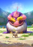  1boy antennae bee_(dragon_ball) blue_sky boots candy cape cassio_yoshiyaki closed_eyes commentary day dog dragon_ball dragon_ball_z english_commentary food gloves grass highres holding holding_food lollipop looking_at_another majin_buu mountain mountainous_horizon mouth_hold nature outdoors pink_skin purple_cape river rock signature sky smile standing steaming_body yellow_gloves 