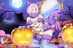  animal_ears bat candy claws dangerous_beast elbow_gloves eyes_visible_through_hair fate/grand_order fate_(series) food fur-trimmed_gloves fur-trimmed_legwear fur_collar fur_trim gloves hair_over_one_eye halloween halloween_costume highres jack-o&#039;-lantern lace lace-trimmed_legwear lavender_hair maroonabyss mash_kyrielight moon o-ring o-ring_top pumpkin purple_eyes purple_gloves purple_hair purple_legwear revealing_clothes short_hair tail wolf_ears wolf_girl wolf_tail 