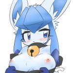  1girl animal_ear_fluff animal_nose bell blue_eyes blue_fur blue_hair blush breasts commentary_request embarrassed furry gen_4_pokemon glaceon highres looking_to_the_side medium_breasts nipples opurimasin pokemon puffy_short_sleeves puffy_sleeves short_sleeves simple_background solo sweat upper_body 