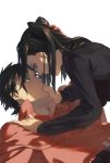  1boy 1girl black_hair blue_eyes bodysuit breasts english_commentary ergo_proxy eyeshadow highres long_hair makeup re-l_mayer simple_background smile vincent_law white_background 