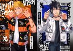  2boys alternate_costume black_collar black_hair blonde_hair blue_eyes candy cheek_pull collar cover cover_page denim english_text facial_mark food gradient_hair hood hood_down hood_pull hoodie jeans jewelry lollipop long_sleeves male_focus multicolored_hair multiple_boys multiple_rings naruto naruto_(series) number open_clothes open_hoodie open_mouth oriharaizaya0111 pants ring sidelocks smile spiked_hair teeth uchiha_sasuke uchiha_symbol uzumaki_naruto watch whisker_markings yin_yang 