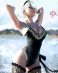  1girl absurdres arms_behind_head black_hairband black_swimsuit breasts cleavage feet_out_of_frame hairband highres marthhh nature nier_(series) nier_automata one-piece_swimsuit outdoors signature solo splashing sunlight swimsuit tagme thighhighs water white_hair yorha_no._2_type_b 