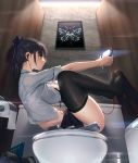  1girl black_bra black_eyes black_hair bow bra bra_through_clothes breasts earphones gun hair_bow handgun highres large_breasts long_hair mhk_(mechamania) original ponytail see-through skirt solo thighhighs thighs toilet underwear weapon 