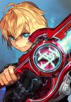  1boy ahoge blonde_hair blue_eyes energy_sword glowing glowing_eyes hankuri holding holding_sword holding_weapon male_focus monado ribbed_sweater shulk sweater sword weapon xenoblade_(series) xenoblade_1 