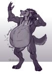  2020 abdominal_bulge absurd_res anthro belly big_belly braided_hair canid canine claws digitigrade ear_piercing fangs flexing fur hair hi_res looking_at_viewer male male_pred mammal muscular nude pawpads piercing rumbling_stomach scar solo thefreckleden vore were werecanid werecanine werewolf 