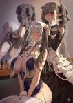  2girls azur_lane bangs bare_shoulders between_breasts black_dress blush braid breast_curtains breasts china_dress chinese_clothes cleavage dress earrings formidable_(azur_lane) frilled_dress frills garter_straps gloves grey_dress grey_hair grin hair_ribbon half_gloves highres holding holding_hair jewelry large_breasts long_hair mirror multiple_girls nanaya_(daaijianglin) neckwear_between_breasts open_mouth red_eyes reflection revealing_clothes ribbon short_hair side_braid side_slit sirius_(azur_lane) sirius_(azure_horizons)_(azur_lane) sitting smile thighhighs thighs twintails two-tone_dress two-tone_ribbon very_long_hair white_gloves white_hair white_legwear 