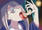  1girl arm_up brown_eyes brown_hair collarbone commentary_request ear eyelashes hair_over_one_eye half-closed_eyes hat head_back highres holding licking little_witch_academia long_hair looking_at_viewer luna_nova_school_uniform meielfnya mushroom open_mouth saliva school_uniform sexually_suggestive sharp_teeth sucy_manbavaran teeth tongue tongue_out upper_teeth wide_sleeves witch_hat 