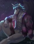  2020 5_fingers abs anthro arm_support balls bottomless censored clothed clothing collarbone dated equid erection fingers genitals grass grey_body hair hi_res horn kkerotix male mammal medial_ring muscular muscular_male on_grass pecs penis sitting sky solo star starry_sky unicorn 