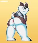  anthro anus badgerclops big_butt butt cartoon_network cerealkat eye_patch eyes_closed eyewear genitals hi_res looking_at_viewer looking_back male mammal mao_mao:_heroes_of_pure_heart mustelid musteline overweight overweight_male presenting presenting_hindquarters whiskers 