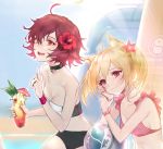  2girls :d ahoge animal_ears arknights ball bandeau bangs bare_arms bare_shoulders beachball bikini black_choker blonde_hair breasts choker cleavage commentary cup exusiai_(arknights) flower hair_flower hair_ornament hand_up hands_up hibiscus holding holding_cup index_finger_raised ku99_(kugugu) multiple_girls open_mouth pink_bikini red_eyes red_flower red_hair short_hair small_breasts smile sora_(arknights) stomach strapless strapless_bikini swimsuit tubetop twintails upper_body wolf_ears wristband 