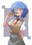  1girl arms_behind_back ayanami_rei blue_hair blush bread commentary eyebrows_visible_through_hair food food_in_mouth gazacy_(dai) grey_background hand_up highres looking_at_viewer mouth_hold necktie neon_genesis_evangelion red_eyes school_uniform short_hair simple_background solo toast toast_in_mouth 