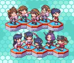  6+girls bangs black_hair blue_background blue_hair bow_(weapon) brown_hair chibi eyepatch fusou_(kantai_collection) glasses gloves hair_ornament haruna_(kantai_collection) headgear hexagon hiei_(kantai_collection) holding holding_weapon houshou_(kantai_collection) japanese_clothes kantai_collection kirishima_(kantai_collection) kongou_(kantai_collection) long_hair lowres mechanical_halo multiple_girls nontraditional_miko oobako open_mouth pixel_art polearm purple_hair ryuujou_(kantai_collection) short_hair simple_background sword tatsuta_(kantai_collection) tenryuu_(kantai_collection) twintails visor_cap weapon wide_sleeves yamashiro_(kantai_collection) 