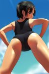  1girl absurdres ass bangs bare_arms bare_shoulders black_hair black_swimsuit blue_sky blush brown_eyes cloud day eyebrows_visible_through_hair from_behind from_below highres looking_at_viewer looking_back looking_down matsunaga_kouyou nose_blush one-piece_swimsuit original outdoors parted_bangs ponytail profile school_swimsuit sky solo swimsuit 