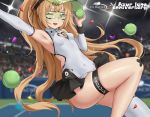 1girl ;d absurdres armpits azur_lane bache_(azur_lane) bache_(showy_sports_star)_(azur_lane) ball bare_shoulders blonde_hair blurry blush breasts cleavage_cutout covered_navel depth_of_field detached_sleeves diffraction_spikes fang goggles goggles_on_head green_eyes hand_up heart_cutout highres holding holding_ball leotard long_hair looking_at_viewer one_eye_closed open_mouth outstretched_arm ponytail purple_eyes qianqiu_wanxia side_cutout single_thighhigh skindentation small_breasts smile solo sportswear stadium tennis_ball tennis_court tennis_dress tennis_uniform thigh_strap thighhighs thighs twintails very_long_hair visor_cap white_legwear white_leotard 