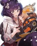  2girls abigail_williams_(fate/grand_order) akieda bag bandaid_on_forehead bangs black_bow black_jacket blonde_hair blush book bow breasts closed_eyes commentary_request crossed_bandaids fate/grand_order fate_(series) flower forehead grin hair_bun hair_flower hair_ornament heroic_spirit_traveling_outfit high_collar highres hug jacket katsushika_hokusai_(fate/grand_order) long_hair long_sleeves multiple_bows multiple_girls open_book open_mouth orange_belt orange_bow parted_bangs pencil purple_eyes purple_hair short_hair shoulder_bag simple_background sketchbook sleeves_past_fingers sleeves_past_wrists smile swept_bangs white_background 
