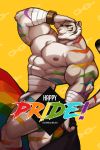  2:3 abs anthro bandage bracelet bulge clothed clothing daydreamerjim felid fur hand_on_head jewelry lgbt_history_month lgbt_pride male mammal muscular nipples pantherine pecs pride_colors rainbow_flag rainbow_pride_flag rainbow_symbol simple_background smile solo stripes tiger white_body white_eyes 