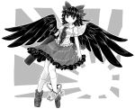  arm_cannon black_feathers black_frills black_hair bow chups closed_mouth dress feathered_wings looking_up mismatched_footwear reiuji_utsuho sketch third_eye touhou weapon white_dress wings 