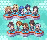  6+girls arare_(kantai_collection) arashio_(kantai_collection) asashio_(kantai_collection) bangs black_hair blonde_hair blue_background blue_hair brown_hair chibi double_bun green_hair hair_ribbon hat hexagon kantai_collection kasumi_(kantai_collection) light_brown_hair long_hair lowres michishio_(kantai_collection) multiple_girls murasame_(kantai_collection) oobako ooshio_(kantai_collection) open_mouth pixel_art ponytail ribbon sailor_collar samidare_(kantai_collection) school_uniform serafuku short_hair short_twintails side_ponytail silver_hair simple_background skirt smile suspender_skirt suspenders suzukaze_(kantai_collection) twintails yuudachi_(kantai_collection) 