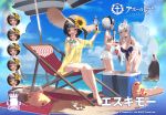  3girls artist_request asymmetrical_hair azur_lane bearn_(azur_lane) bearn_(iris_lifeguard)_(azur_lane) bikini black_hair blue_butterfly braid breasts butterfly_hair_ornament choker coca-cola crown_braid dunkerque_(azur_lane) dunkerque_(summer_sucre)_(azur_lane) eskimo_(azur_lane) expressions flower front-tie_bikini front-tie_top full_body grey_hair hair_ornament hat headdress large_breasts leaning_forward manjuu_(azur_lane) medium_hair multiple_girls official_art purple_bikini see-through sitting skirt small_breasts sun_hat sunflower swimsuit water white_skirt 