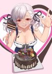  1girl :q absurdres bare_shoulders breasts cake chocolate_on_breasts cleavage dawn_(664387320) english_commentary food fork girls_frontline highres red_eyes silver_hair smile solo spas-12_(girls_frontline) tongue tongue_out twintails 