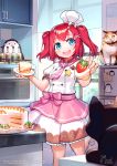  1girl animal apron artist_name bangs blue_eyes blush bow breasts brown_skirt cake cat commentary_request food frills fruit hair_bow hair_ornament highres holding holding_food holding_plate indoors kurosawa_ruby long_hair looking_at_viewer love_live! love_live!_school_idol_project love_live!_sunshine!! open_mouth pink_apron pink_neckwear plate red_hair shirt short_sleeves siriuflong skirt small_breasts smile star_(symbol) strawberry tongue tongue_out two-tone_skirt two_side_up upper_teeth watermark web_address white_bow white_headwear white_shirt white_skirt whtie_skirt x_hair_ornament 