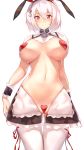  1girl absurdres adapted_costume anchor_choker animal_ears apron azur_lane bangs black_shorts blush breasts breasts_apart bunny_ears choker cleavage collarbone commentary_request covered_nipples cowboy_shot crotchless eyebrows_visible_through_hair fake_animal_ears frilled_apron frilled_choker frills hair_between_eyes heart heart_pasties highres large_breasts looking_at_viewer maebari meme_attire navel pasties red_eyes revealing_clothes reverse_bunnysuit reverse_outfit revision ribbon ruwoka scrunchie short_hair shorts shrug_(clothing) sidelocks simple_background sirius_(azur_lane) smile solo standing stomach thigh_ribbon thighhighs white_background white_hair white_legwear white_scrunchie wrist_scrunchie 