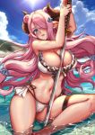  1girl ass bikini blue_eyes blue_sky blush breasts cameltoe cleavage cloud commentary_request double_bun draph earrings foxy_rain frills granblue_fantasy hair_ornament hair_over_one_eye highres horns jewelry katana large_breasts long_hair looking_at_viewer mountain narmaya_(granblue_fantasy) navel open_mouth outdoors partially_submerged pink_hair ring sitting sky solo sun swimsuit sword thigh_strap weapon white_bikini 