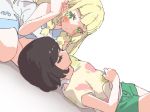  2girls ankea_(a-ramo-do) bangs black_hair blonde_hair blush braid closed_eyes dress green_eyes lillie_(pokemon) long_hair mizuki_(pokemon) multiple_girls pokemon pokemon_(game) pokemon_sm shirt short_hair short_sleeves sleeping sleeveless sweat twin_braids white_dress yuri 