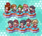  6+girls agano_(kantai_collection) ahoge akigumo_(kantai_collection) bangs black_hair blonde_hair blue_background braid brown_hair chibi dark_skin detached_sleeves double_bun dress gloves green_hair headgear hexagon holding kantai_collection long_hair lowres makigumo_(kantai_collection) multicolored_hair multiple_girls musashi_(kantai_collection) naganami_(kantai_collection) noshiro_(kantai_collection) one_eye_closed oobako open_mouth oriental_umbrella pink_hair pixel_art ponytail purple_dress purple_hair sailor_collar sakawa_(kantai_collection) school_uniform serafuku short_hair simple_background single_braid sleeveless two-tone_hair umbrella yahagi_(kantai_collection) yamato_(kantai_collection) yuugumo_(kantai_collection) 