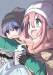 2girls :d absurdres aqua_eyes blue_hair breath commentary cup fingerless_gloves gloves hat highres holding holding_cup kagamihara_nadeshiko multiple_girls n2midori open_mouth pink_hair purple_eyes scarf shima_rin smile steam winter_clothes yurucamp 