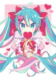  1girl apron aqua_eyes aqua_hair bangs bow bowtie candy closed_mouth cropped_torso eyebrows_visible_through_hair food hair_bow hair_ornament hatsune_miku heart heart-shaped_pupils heart_hair_ornament heart_lollipop holding_lollipop lollipop long_hair looking_at_viewer multicolored_hair nail_art nail_polish pink_background pink_hair pink_shirt puffy_short_sleeves puffy_sleeves red_bow red_nails red_neckwear shirt short_sleeves smile solo streaked_hair striped striped_background symbol-shaped_pupils symbol_commentary twintails two-tone_hair upper_body valentine vocaloid yoshiki 