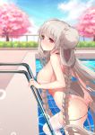  1girl ass azur_lane bangs bare_shoulders bikini bikini_pull blush braid breasts cherry_blossoms closed_mouth covered_nipples day double_bun eyebrows_visible_through_hair formidable_(azur_lane) formidable_(the_lady_of_the_beach)_(azur_lane) from_side highres ju_topia large_breasts leaning_forward lens_flare long_hair looking_at_viewer looking_to_the_side micro_bikini outdoors pool pool_ladder poolside red_eyes sideboob silver_hair skindentation soap_bubbles solo sparkle spring_(season) sunlight swimsuit tan tanline thighhighs tree very_long_hair water water_drop wet white_legwear 