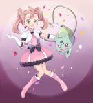  1girl :d black_bow black_neckwear boots bow bowtie brown_hair bulbasaur cropped_jacket dress earrings gen_1_pokemon green_eyes jewelry large_bow looking_at_viewer mei_(maysroom) open_mouth petals pink_dress pink_legwear plant pokemon pokemon_(anime) pokemon_(creature) pokemon_xy_(anime) quad_tails sana_(pokemon) smile starter_pokemon vines 