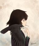  1girl bird black_jacket brown_eyes brown_hair cigarette crow green_shirt hair_between_eyes highres jacket long_sleeves mouth_hold nonaka_haru nurk profile shirt signature simple_background smoking solo upper_body yesterday_wo_utatte 