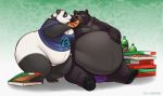  4_fingers american_black_bear anthro arm_around_shoulders belly beverage big_belly big_breasts big_butt black_bear black_body black_fur bottomless breasts bulge butt claws clothed clothing digital_media_(artwork) duo eating eye_contact feeding female fingers food fur giant_panda gillpanda gillpanda_(character) hand_on_stomach hi_res holding_food holding_object huge_butt looking_at_another male mammal moobs mountain_dew obese obese_male one_eye_closed overweight overweight_female overweight_male pawpads paws photoshop pizza pizza_box simple_background sitting smile soda standing tay_the_bear thick_thighs toe_claws topless ursid ursine white_body white_fur wide_hips wink 