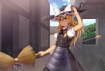  1girl armor blonde_hair braid broom charm_(object) chiaki_rakutarou day hat highres holding holding_broom kirisame_marisa long_hair mushroom outdoors solo touhou witch_hat yellow_eyes 